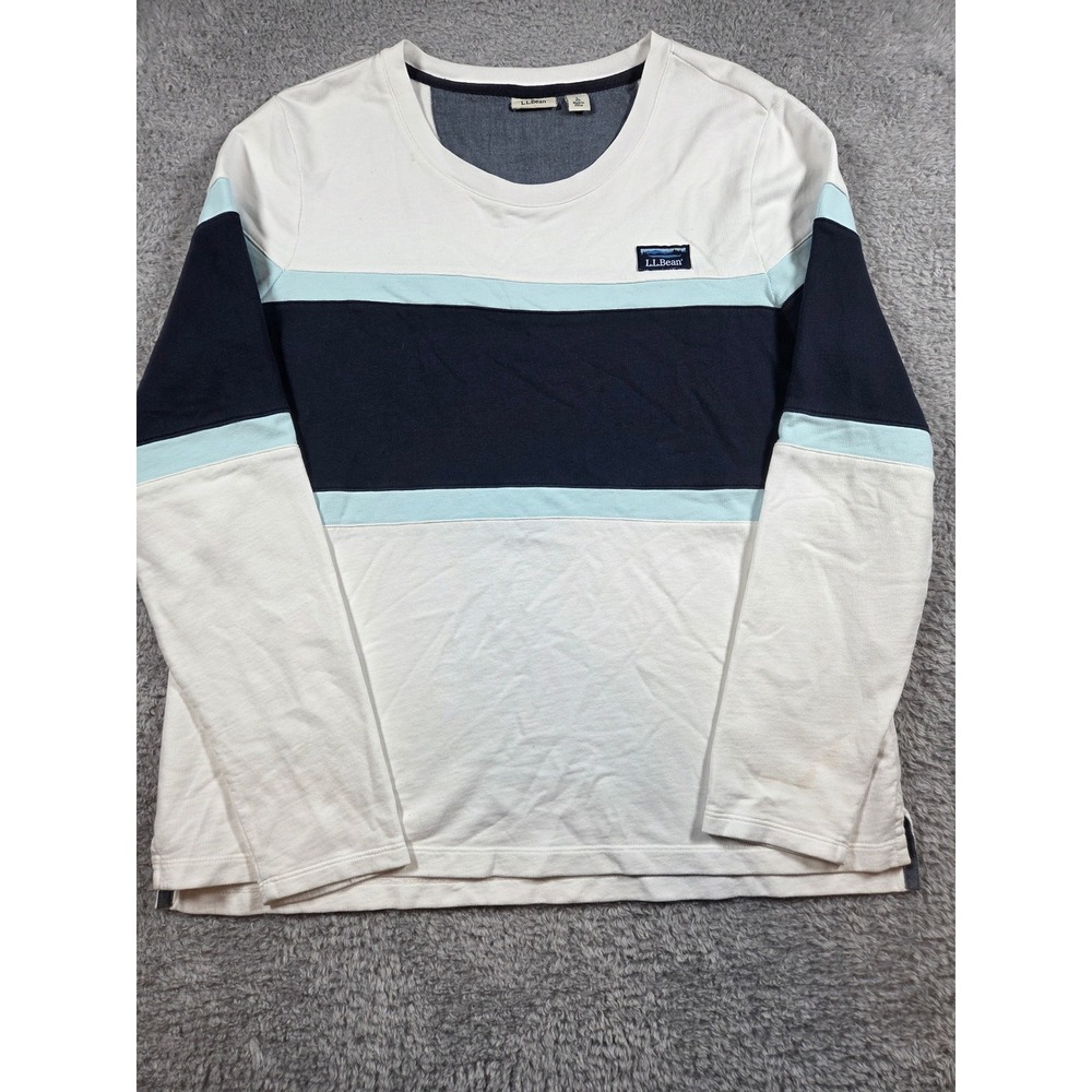 LL Bean Long Sleeve Shirt Size L White Blue Mens Colorblock Cotton Top 509380